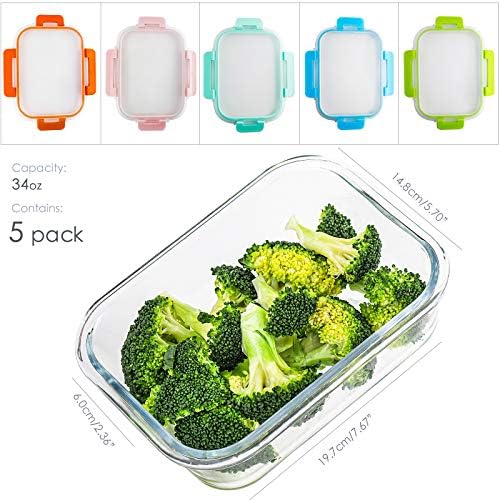 Glass Meal Prep Glass Containers with Lids, Glass Lunch Box, 5-Pack, 34 OZ