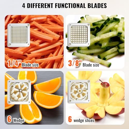 VEVOR Commercial French Fry Cutter with 4 Replacement Blades, 1/4" and 3/8" Blade Easy Dicer Chopper, 6-wedge Slicer and 6-wedge Apple Corer, Lemon Potato Cutter for French Fries with Extended Handle - Image 3