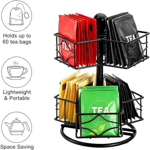 Tea Bag Organizer, 360 Degree Tea Bag Spining Carousel Organizer with 6 Compartments, Lazy Susan Sugar Coffee Creamer Caddy for Kitchen Counter Cabinet Organizer, Up to 60 Tea Bags Storage