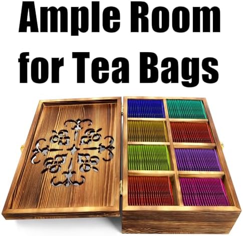 Wooden Tea Bag Storage Box with Carved Lid, 8-Compartment Tea Chest Organizer Spice Packets Container for Living Room, Kitchen, Office, Home Decor
