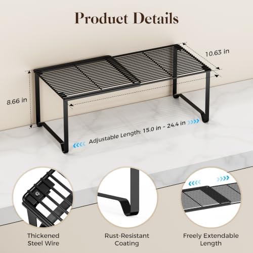 Extendable Metal Wire Shelf Organizer - Adjustable 15-24.4in Length, Stackable Storage Rack for Kitchen/Pantry/Bathroom/Shoe Cabinet/Tool Closet (1,Black)