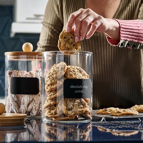 Set of 2 Glass Canisters for Kitchen Counter with Airtight Bamboo Lids + Marker & Labels - 68oz. Large Cookie Jars Wooden Lid, Food Storage Containers Pantry, Flour, Sugar, Pasta, Candy.