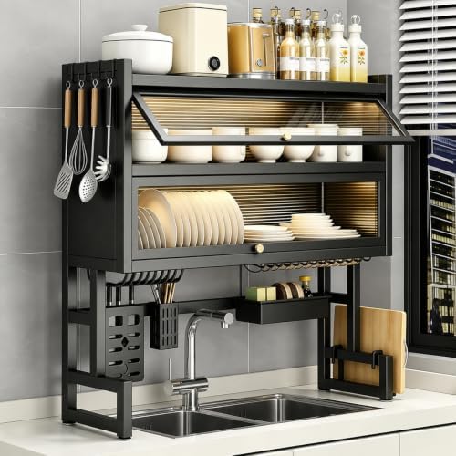 Over The Sink Dish Drying Rack (Black L-25.59in, Double-Layer)