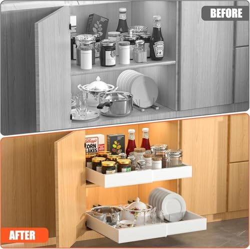 4 Pack Pull Out Cabinet Organizer Expandable, Adhesive with Nano Film, Pull Out Drawers for Cabinets in Kitchen, Pantry or Bathroom (White, 21“DEEPX[12"-20'']Width-4PACK)