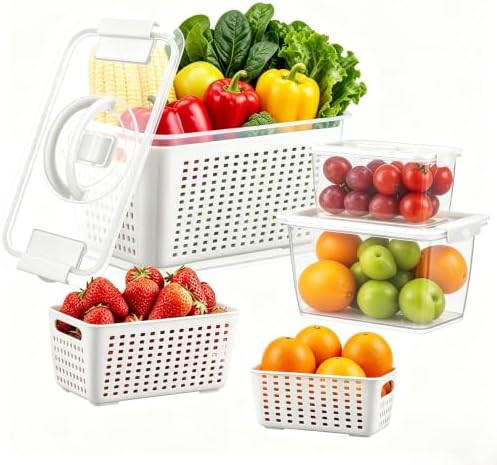Produce containers for fridge,3 Set Fruit Containers with Removable Colander, BPA-Free Produce Saver Containers with Lids Dishwasher&Microwave Safe Keep Fruits, Vegetables, Berry, Fresh Longer