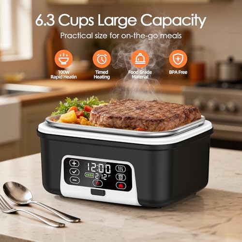 Cordless Electric Lunch Box, 6.3 Cup 100W Heated Lunch Box with 20000mAH Battery Powered for Self Heating, Including Fork Spoon and Insulated Bag for Men Women Adults, BPA Free(Black+White)