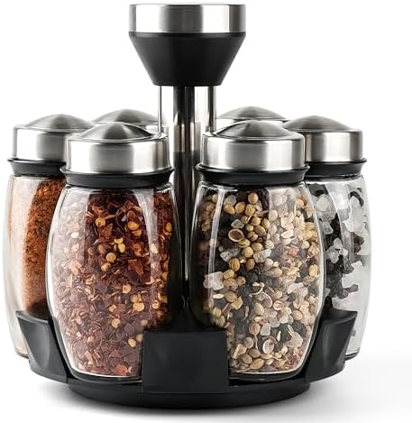 6 Pack Spinning Glass Spice Jars with Organizer Rack for Countertop