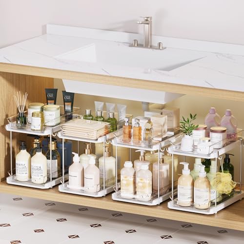 2 Tier Under Sink Organizer Bathroom, Bathroom Cabinet Organizer with Snap-Lock Design and Hooks, Pull Out Storage with Movable Dividers, for Countertop, Kitchen and Pantry (White, 4 Pack)