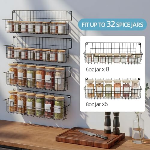 Spice Rack Wall Mount, Spice Organizer for Cabinet & Pantry Door, Set of 4 Hanging Spice Rack Saving Space for Kitchen, Black
