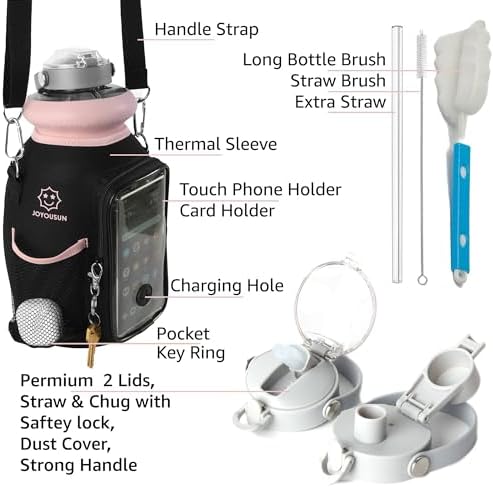 Large 1 Gallon Water Bottle/Jug with Time Marker, Straw & Sleeve – BPA-Free Tritan, Dishwasher Safe, Motivational Quotes, for Gym & Sports (128 oz) - USA Joyous Sun (Pink)