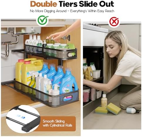 2 Pack 21.3IN-Depth Under Sink Organizer with Smooth Cylindrical Rail,2-Tier Pull Out Multi-Purpose Cabinet Storage for Bathroom&Kitchen,Height Adjustable,Rust-Resistant Coating-Black