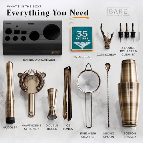 Mixology Bartender Kit Bar Set | 14-Piece Cocktail Shaker Set | Martini Barware Mixing Tools for Home Bartending | Incl. 35 Recipe Cards | Gift Set (28oz Boston Shaker, Brass/Black)