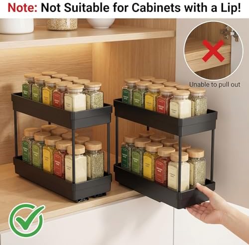 Pull Out Spice Rack,2 Pack 2-Tier Cabinet Organizer, Black