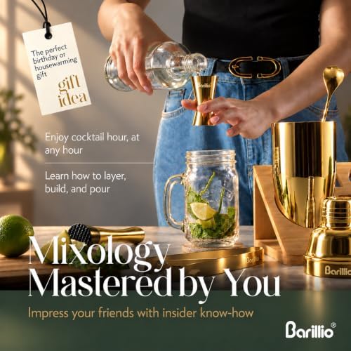 Gold Bartender Kit - Stainless-Steel Cocktail Shaker Set w/Bamboo Stand - Mixology Bar Tools w/Shaker, Drink Mixer Spoon & Muddler for Cocktails - Home Bar Accessories - 10-Pc Bar Set