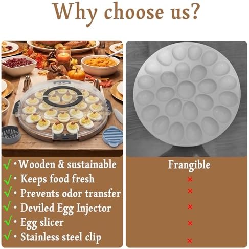 Acacia Wood Deviled Egg Platter with Lid, 24-Hole Egg Tray with Slicer, Piping Tips & Mini Tongs for Easter & Parties