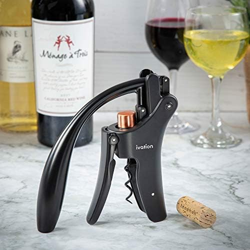 Wine Bottle Opener | Manual Handheld Corkscrew with Ergonomic Lever Pump, Standing Vertical Design, Soft Bottleneck Grip, Nonstick Screw & Easy No-Twist Cork Removal | Black & Bronze Stainless