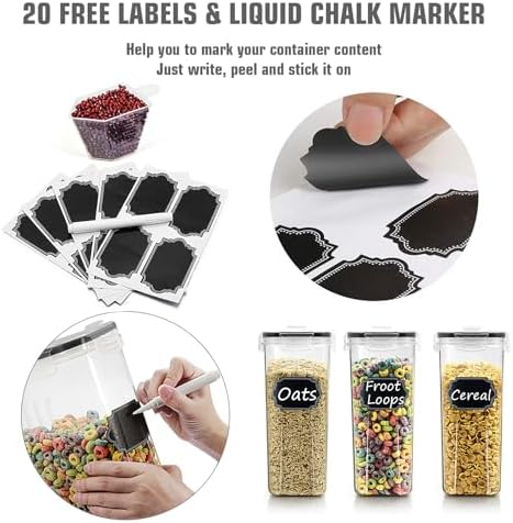 Cereal Storage Containers Set, Large BPA Free Plastic Airtight Food Storage Containers 4L for Flour, Sugar, 6 Piece Set Cereal Dispensers with 20 Labels & Marker, Black