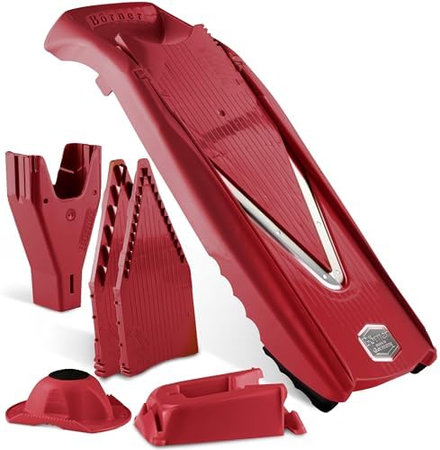 Mandoline Food Slicer V5 (Profi Set) by Reston Lloyd • V-Slicer with 4 Inserts, Docking Station & Food Holder • Made in Germany • Fruit & Vegetable Chopper • Multiple Settings • Color: Red