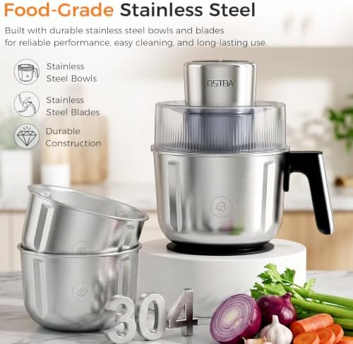Food Processor with 3 Stainless Steel Bowls, Anti-Clog Magnetic Blade