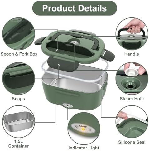 Electric Lunch Box for Adults, 80W Heated Lunch Box Portable Food Warmer Lunch Box for Work/Men/Car/Truck with 1.5L 304 Stainless Steel Container Fork & Spoon, 110V/12V/24V