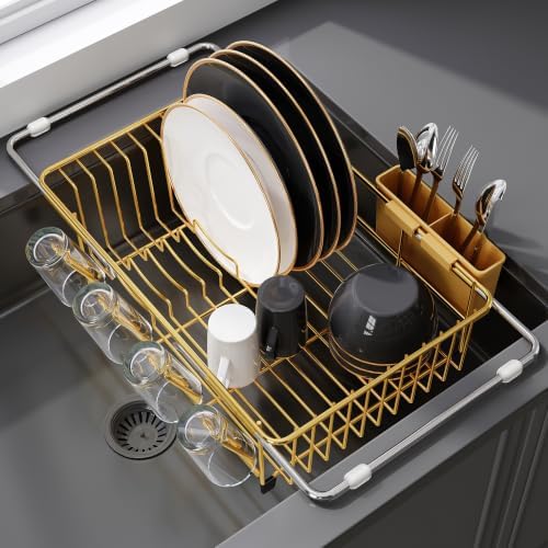 Gold Dish Drying Rack in Sink, Dish Drainer with Utensil Holder