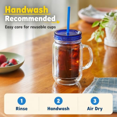 Plastic Mason Jars with Handles, Lids and Straws | 20 oz Double Insulated Tumbler with Straw | 4 Pack Set of 4 | Wide Mouth Mason Jar Mugs | Cups for Kids and Adults…