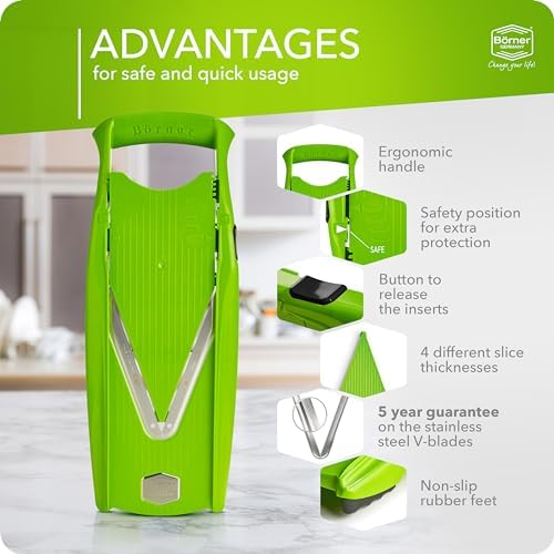 Mandoline Slicer V5 (Basic Set) • Vegetable V-Slicer for Slices in 4 Thickness Settings • Stainless Steel V-Blade • Adjustable Kitchen Slicer for Vegetables & Fruits • Color: Green