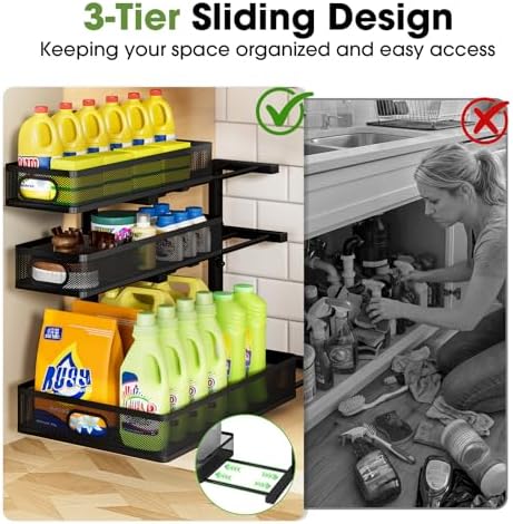 Under Sink Organizer 3 Tier, 2 Pack L-Shaped Pull-Out Cabinet Organizer with Sliding Metal Mesh Drawers, Height Adjustable Under Sink Storage Rack for Kitchen Bathroom Cabinet, Black