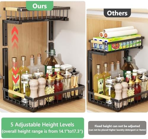 Under Sink Organizers,5 Adjustable Height，Metal Pull Out Under Sink Organizers and Storage Shelves with Sliding Drawer, Black, 2 Pack（Hight 13.6″-16.9″）
