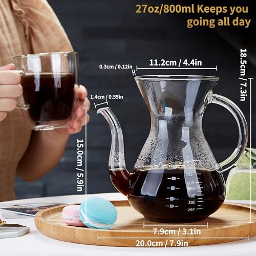 Pour Over Coffee Maker with Double Stainless Filter 27 fl oz, Thickened Heat-Resistant Borosilicate Glass Pour Over Coffee Dripper, Stovetop Safe