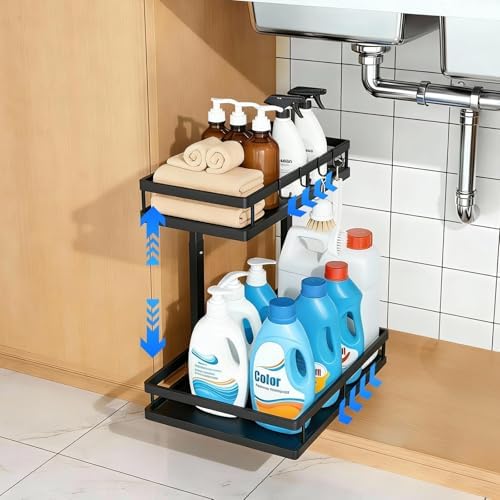 2-Tier Metal L-Shaped Pull-Out Under Sink Organizer, Black, 1 Pack