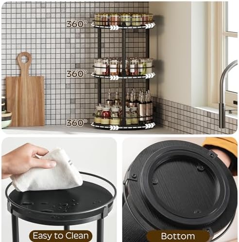3-Tier Lazy Susan Organizer, Rotating Spice Rack, Spinning Organizer, Industrial Turntable Spice Rack Organizer for Cabinet, Kitchen Countertop, Pantry, Black SR23BK