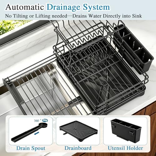 2 Tier Dish Drying Rack, Large Extendable Dish Racks for Kitchen Counter, Dishrack with Drainboard, 2-in-1 Anti-Rust Stainless Steel Dish Drainer with Utensil Holder (Black, double of Dish Rack)