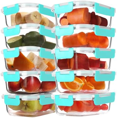 10 Pack 22 oz Glass Meal Prep Containers, Glass Food Storage Containers with Airtight Lids, BPA-Free, Freezer and Microwave Safe, Green