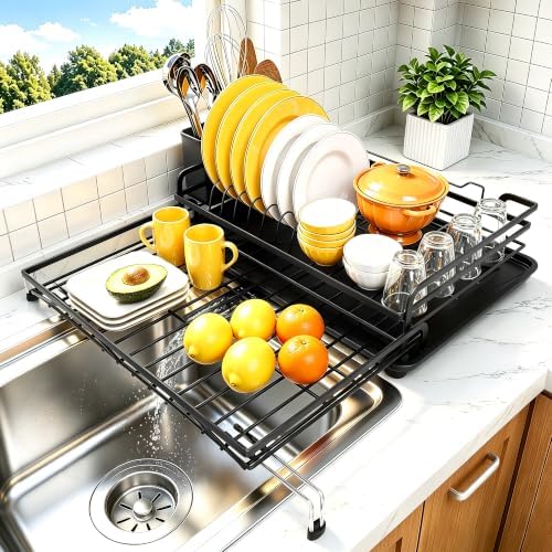 Expandable 2-in-1 Dish Drying Rack with Drainboard (Black)