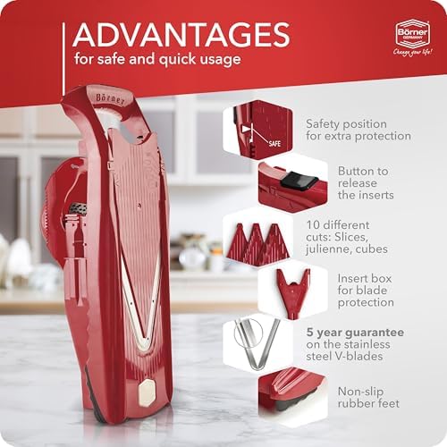 Mandoline Food Slicer Börner V5 (Starter Set) by Reston Lloyd • V-Slicer with Food Holder • Made in Germany • Fruit & Vegetable Chopper • Multiple Settings • Color: Red - Image 4
