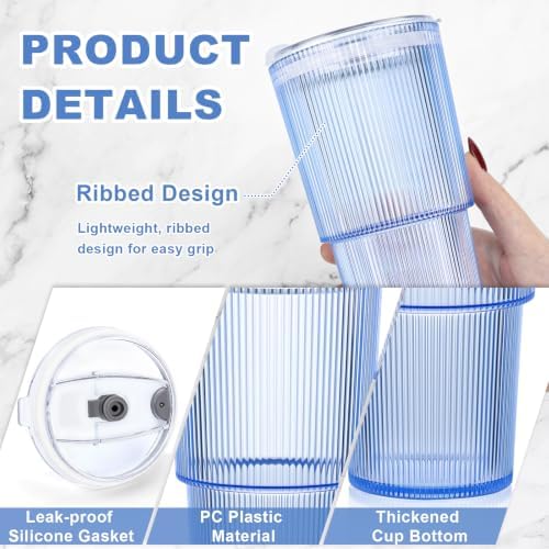 4 Pcs 20oz Plastic Ribbed Tumblers with Lid and Straws Blue Plastic Reusable Iced Coffee Cups with Lid Unbreakable Vintage Ribbed Drinking Glasses Tumbler for Juice Smoothie Beverage with Clean Brush