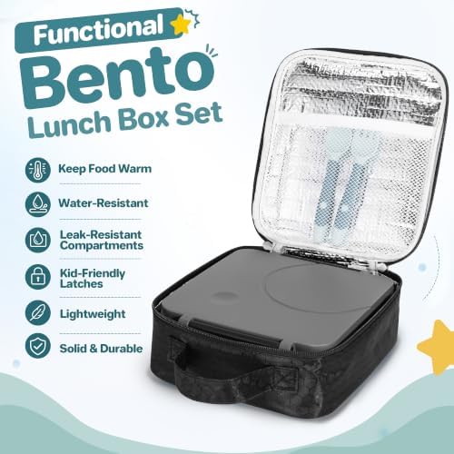 Bento Lunch Box Set for Kids with 8oz Soup Thermo, Leak-Proof Lunch Containers with 4 Compartment, Kids Thermo Hot Food Jar and Insulated Lunch Bag for Kid to School-Black