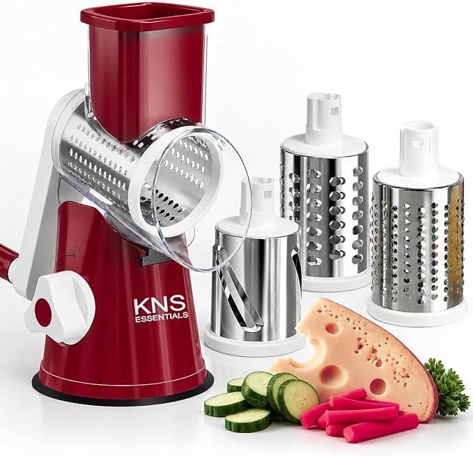 Rotary Cheese Grater Hand Crank, Cheese Shredder with Interchangeable Stainless Steel Blades, Vegetable Slicer with Strong Suction Base, Food Grater for Cheese, Potato, Carrot