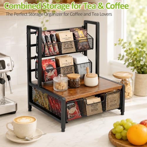 3-Tier Tea Bag Holder Organizer, Metal Tea Station Organizer with Drawer