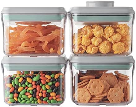Airtight Container Set - (380ml 4 Pcs) Stackable One Button Openning Food Containers for Snacks Candy Salt Herbs Spices BPA-Free Tranparent (0.32 QT * 4)