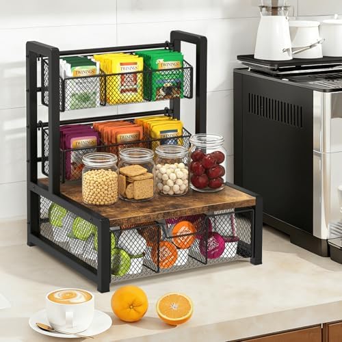 Tea Bag Organizer, 3 Tier Tea Storage Box, Rustic Brown