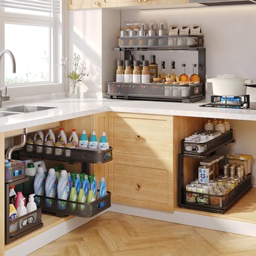 2 Pack 21.3IN-Depth Under Sink Organizer with Smooth Cylindrical Rail,2-Tier Pull Out Multi-Purpose Cabinet Storage for Bathroom&Kitchen,Height Adjustable,Rust-Resistant Coating-Black