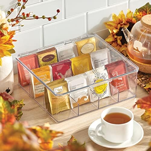 Plastic Kitchen Organiser — Practical Storage Box with 12 Compartments and Hinged Lid — Pantry Storage Box with Lid for Tea, Coffee, Spices and Other Foodstuffs — Clear