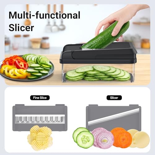 SpaceHacks 12-in-1 Vegetable Chopper, Kitchen Gadgets with 7 Blades, Veggie, Food, Onion Chopper, Cucumber Slicer, Versatile Mandoline, Includes Egg Separator & Finger Guard, Gray (Pack of 2) - Image 6
