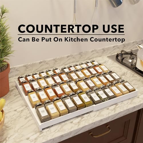 Bamboo White Spice Drawer Organizer, (Need 3" Deep Drawer) Expandable 4 Tier Spices Rack for Cabinet, Kitchen Seasoning Storage Insert (Jars Not Included, From 12" to 23" Wide)