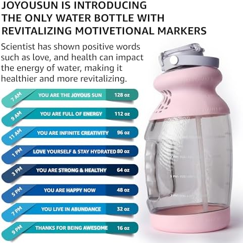 Large 1 Gallon Water Bottle/Jug with Time Marker, Straw & Sleeve – BPA-Free Tritan, Dishwasher Safe, Motivational Quotes, for Gym & Sports (128 oz) - USA Joyous Sun (Pink)