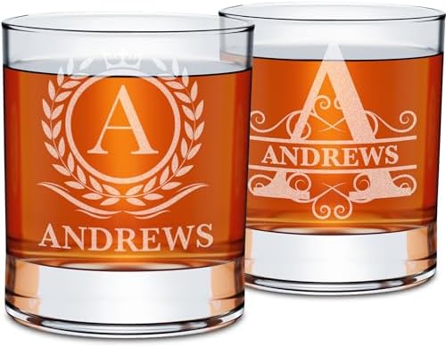 Personalized Whiskey Glasses Set of 2 – Engraved Monogram Bourbon Scotch Groomsmen Dad Gift for Men – Custom Initial Name Old Fashioned Birthday Rocks Glasses (2)