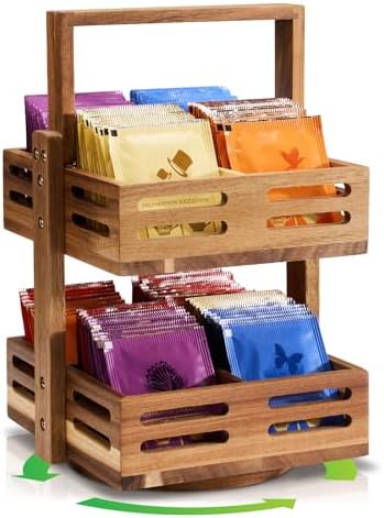 Acacia Wood Tea Bag Organizer, 360° Rotating 2-Tier Storage Holder with 8 Compartments, Holds 80+ Tea Bags for Kitchen Countertop, Tea Station, Home Decor