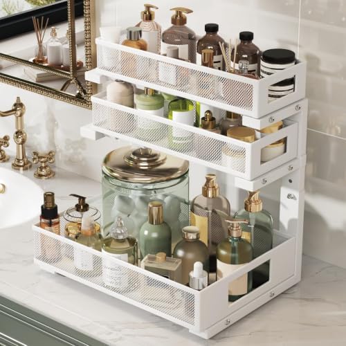 3-Tier Pull Out Under Sink Organizer,2-Pack Heavy Duty Metal Cabinet Organizer Shelf with Suction Cups,5-Level Adjustable Height,L-Shaped Storage Drawer Rack for Kitchen,Bathroom,Laundry,Pantry-White